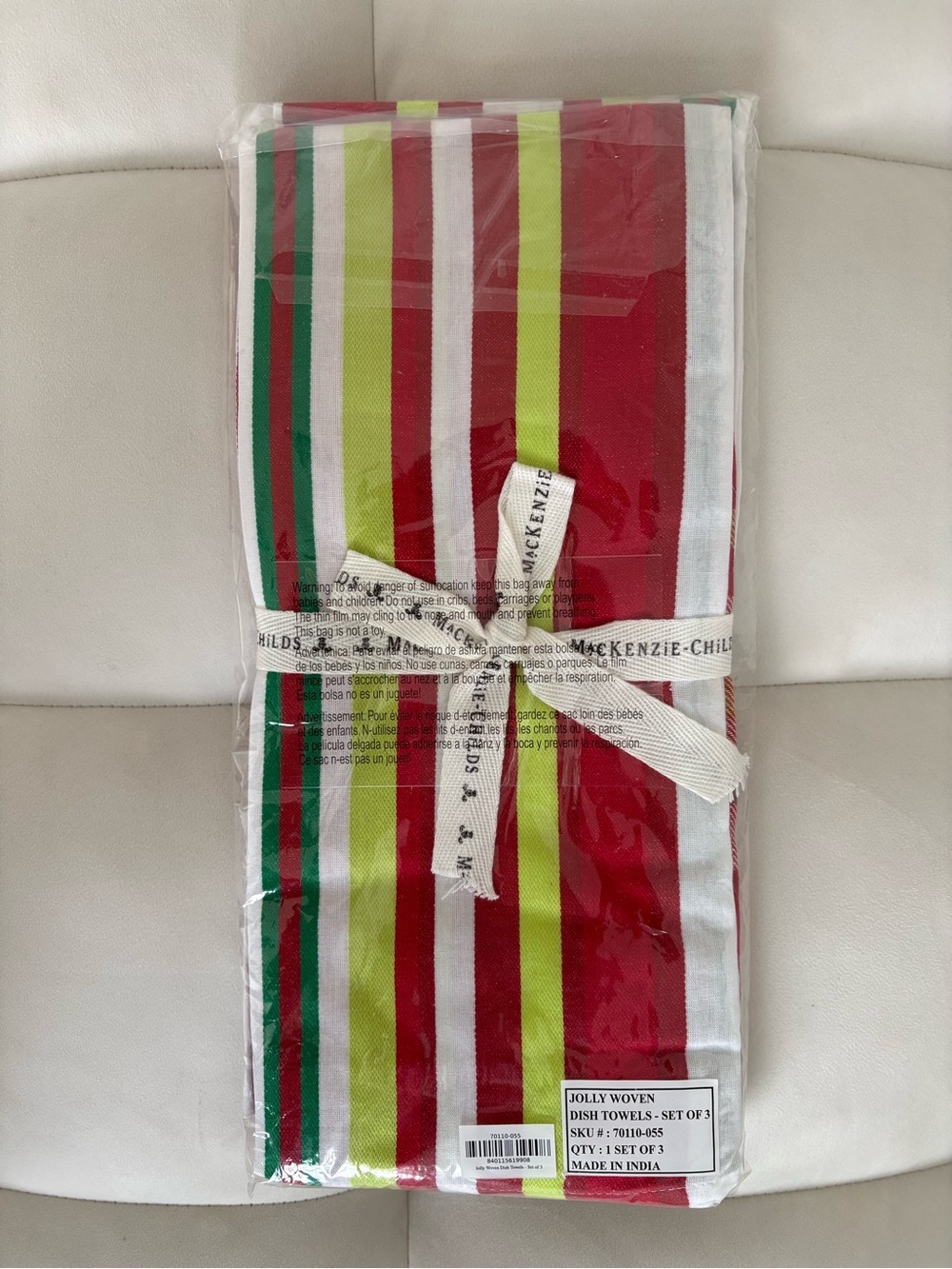 MacKenzie-Childs Red, Green, White Striped Dish Towels - Set of 3
